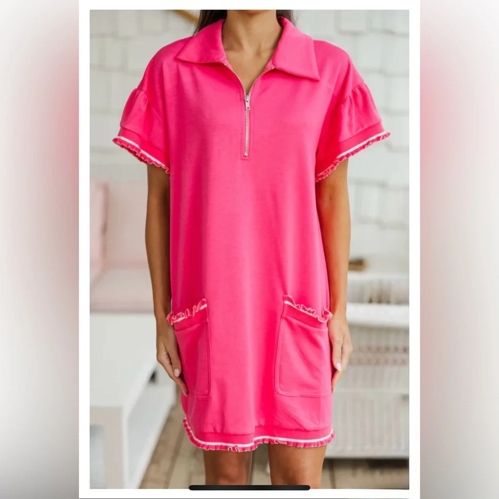 Pink & White Knit Dress | Mint Julep | Sporty | Pockets & Ruffles | L | NWT - Picture 3 of 12
